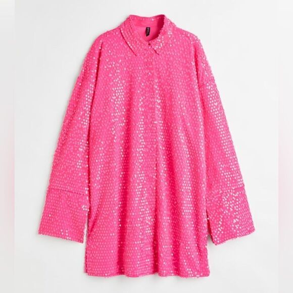 H&M Sequined Shirt Dress Cerise Festive New Barbiecore - Picture 8 of 8